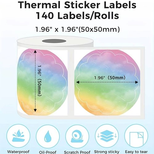 Thermische labels, REGENBOOG ROND ca. 50mm Stickers / rol 140 labels voor diverse printers M110/M110S/M120/M200/M220/M221