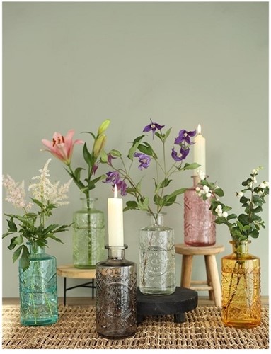 Gekleurd glazen fles Berlin Clear  / stuk Grotere fles ook voor olielamp bottle Ø9cm  h. 21 cm