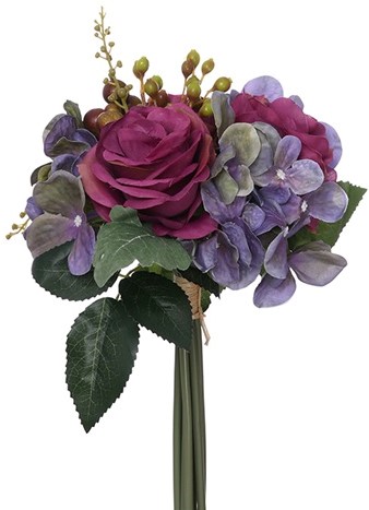 Budget boeket Handgebonden Zijden 28cm Roos, Hortensia, besjes en blad PURPLE/WINE 