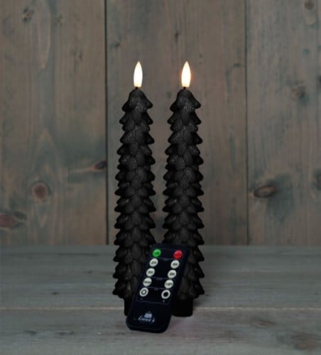 LEDkaars 3D Flame Candle Rustiek Zwart Kerstboom Anna's Collection met afstandsbediening D 2,5 H 23 cm 2 stuks