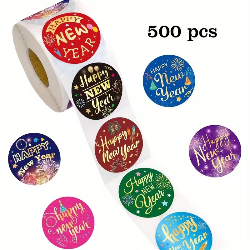 Sluitstickers etiketten Happy New Year Kleurig rond etiket 2,5 cm rol 500 labels 