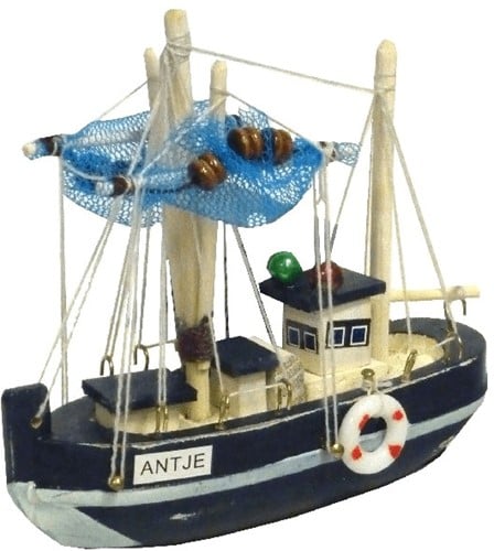 [A-024494] Vissersboot Antiek Blauw/Wit Maritiem 10,5 cm