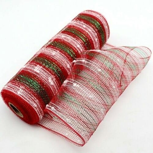 [A-024273] Decomesh Metallic Rood Wit Groen streep 26 cm rol 9 meter voor kransen en inpakken