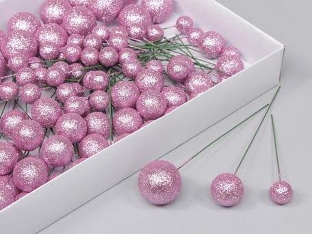 [A-012798] Ballen Roze glitter op draad 20/30/40 mm doos 100 stuks