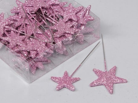 [A-012799] Sterren Roze glitter op draad 3/4 cm doos 48 stuks