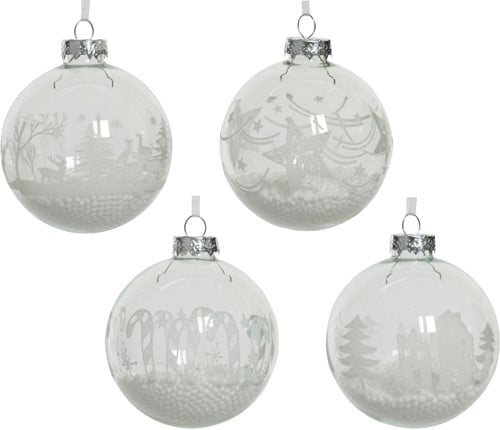 [A-027076] Kerstballen glas Transparant kerstprint Snowflake 8 cm doos 12 stuks