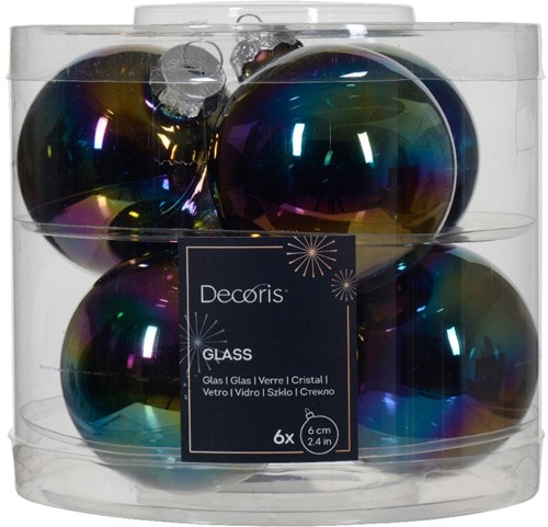 [A-027078] Kerstballen Glas Zwart Iris Shiny Glans 6 cm koker 6 stuks
