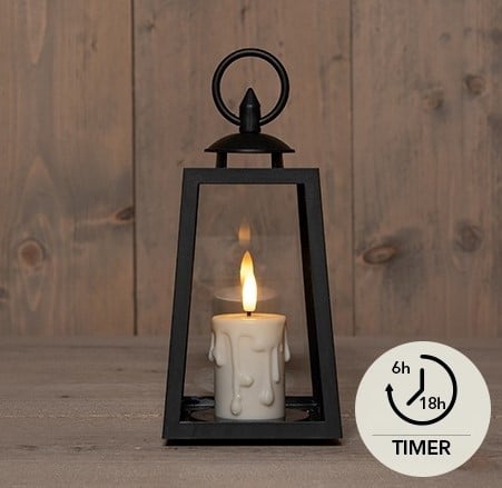 [A-027532] Lantaarn met Druipkaars LED 3D vlam op batterij met timer Zwart 10x10x20,5 cm