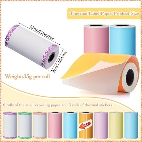 [A-025946] Papier en labels 57*30mm voor Thermische printers / set van 9 rolletjes Papier, etiketten,