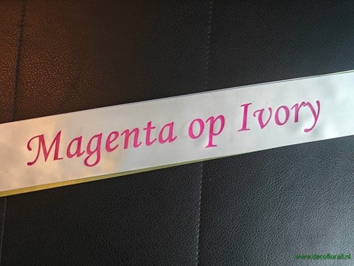 [A-025995] Bedrukt lint Ivory met Magenta opdruk 45 mm 50 cm