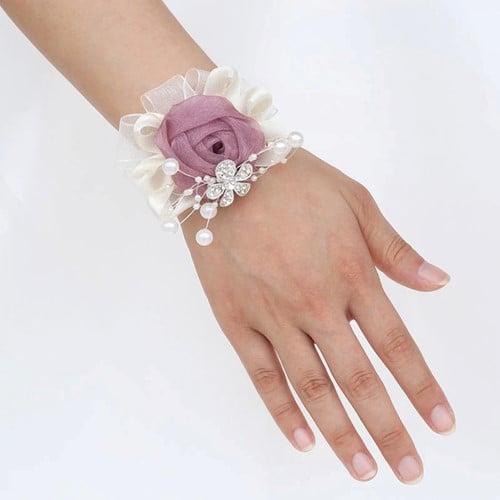 [A-023015] Luxe Polscorsage Mauve Satijnroos met broche en parels kant en klaar