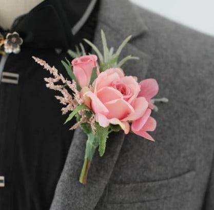 [A-023156] Luxe Corsage Zijden Roos OudRoze Groen Boutonnière op pinclip met speld
