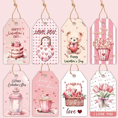 [A-027404] Bloemenkaartjes Valentijnkaartjes 8 verschillende set van 48 cadeaulabels met touwtje