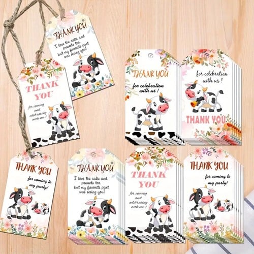 [A-027481] Bloemenkaartjes Thank you for celebrating Koeien set 50st cadeaulabels met touwtje
