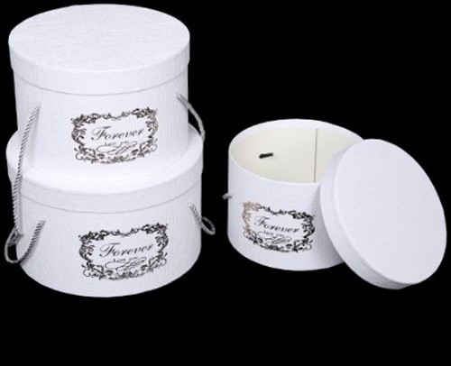 [A-025760] Bloemendoos Set van 3 luxe rond White/Ivory Forever Love You met hengsel