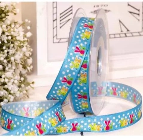 [A-027429] Lint met draad Blauwe Paashaasjes Blue Taffeta Easter Rabbit 15 mm x 20 m