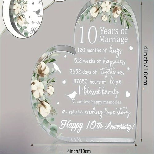 [A-025881] Hart van Epoxy met Bloemen Huwelijksjubileum 10 jaar getrouwd 10*1 cm Persoonlijk aandenken, huwelijksaandenken