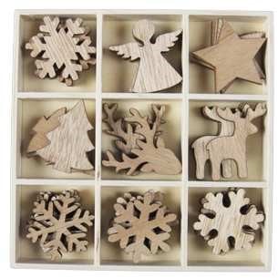 [A-023234] Houten figuurtjes Kerst Winter 9 soorten 3.5-4 cm doosje 36 stuks