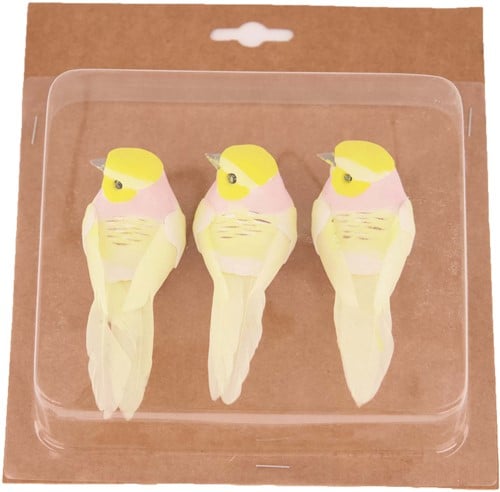 [A-022769] Bird on clip Geel 10,5x3,5x3,5 cm 3 stuks