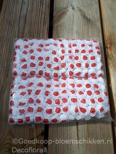 [A-016327] Mini Foam Roos met Tule Wit Rood Hart 2 cm Bulk Pak 144 stuks