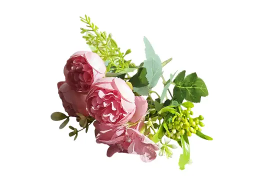 [A-024700] Boeketje Ranonkel Hortensia Hydrangea en Besjes Beauty Pink Zijdenbloem 27 cm