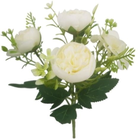 [A-024701] Boeketje Ranonkel Hortensia Hydrangea en Besjes Roomwit Zijdenbloem 27 cm