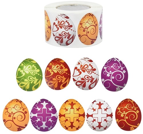 [A-022905] Sluitstickers Versierde eieren rond etiket 3x4 cm rol 500 labels