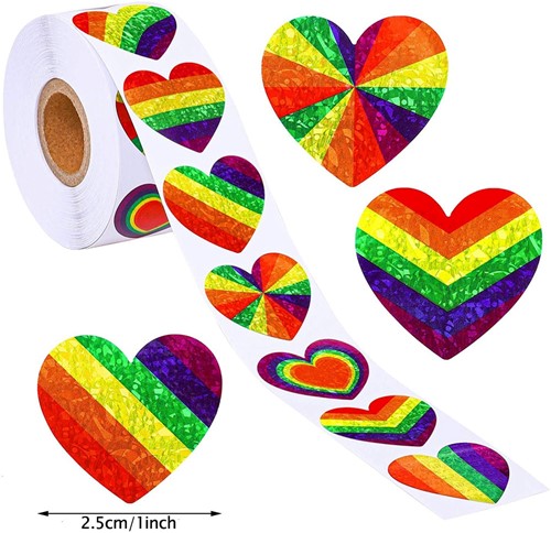 [A-024616] Sluitstickers Hartvormig Regenboog Rainbow Holografisch etiket rol 500 labels