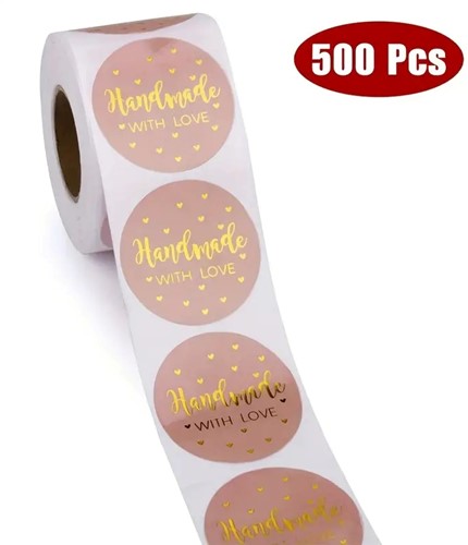 [A-024928] Sluitstickers Handmade with love rosé rond etiket 2,5 cm rol 500 labels