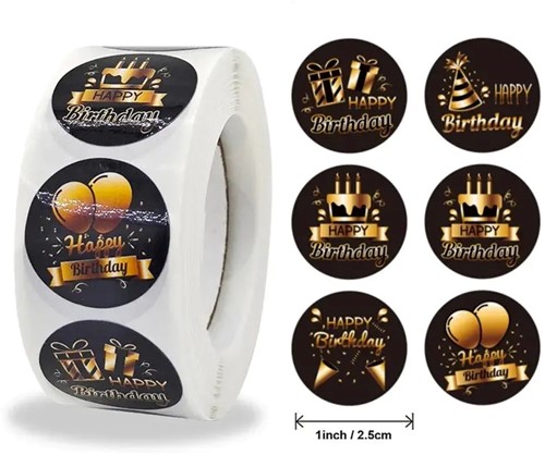 [A-024993] Sluitstickers Happy birthday zwart goud kraft rond etiket 2,5 cm rol 500 labels