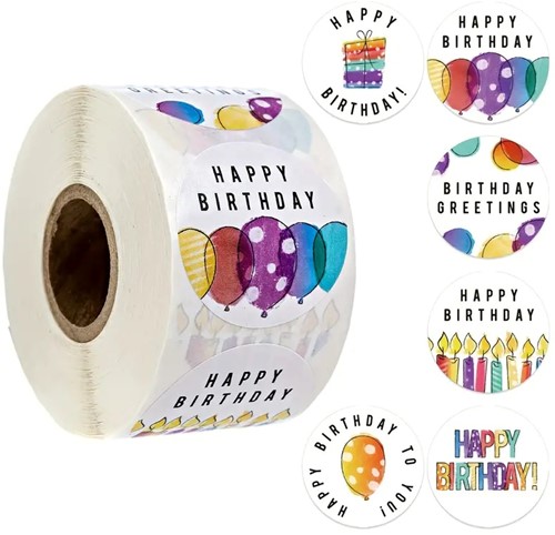 [A-025005] Sluitstickers Happy birthday ballonnen kaarsjes rond etiket 2,5 cm rol 500 labels