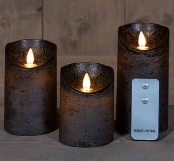 [A-025719] LEDkaars 3D Flame Wax Candle Rustiek Zwart Anna's Collection met afstandsbediening 7,5x10/12,5/15 cm 3 stuks