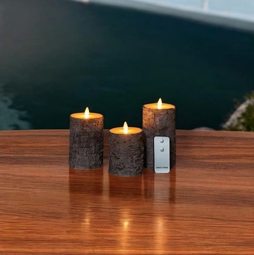 [A-025796] LEDkaarsenset Berkenschors Donker 3D Flame Moving Flame Anna's Collection met afstandsbediening 7,5x10/12,5/15 cm 3 stuks