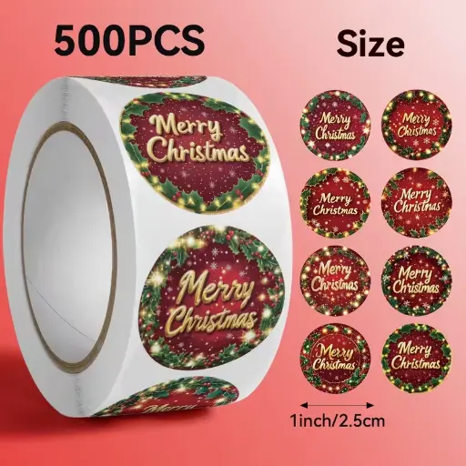 [A-027854] Sluitstickers kerstetiketten Merry Christmas Hulstblad en lichtjes rond etiket 2,5 cm rol 500 labels 